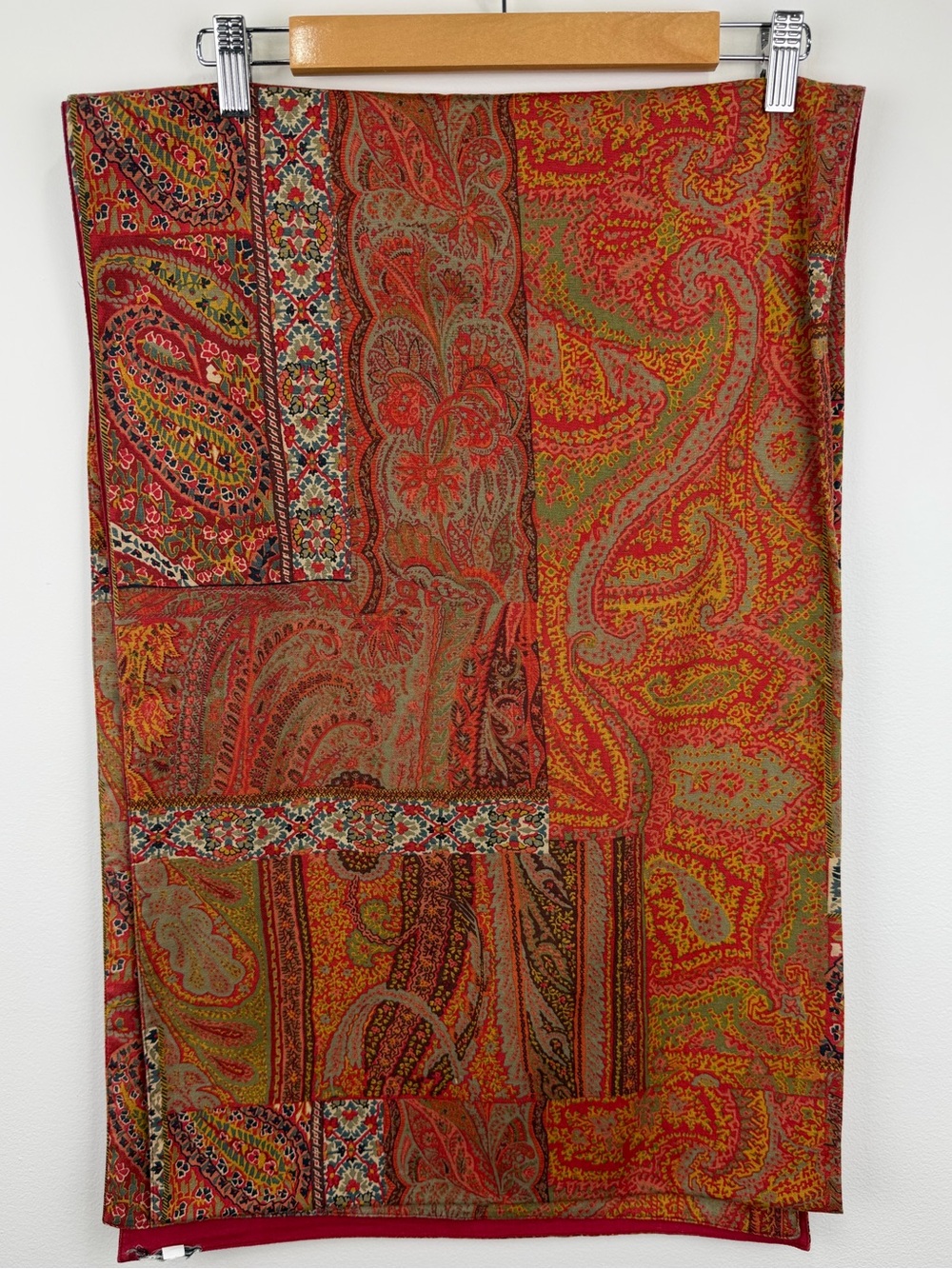 Vibrant Paisley Patchwork Scarf - Red & Olive